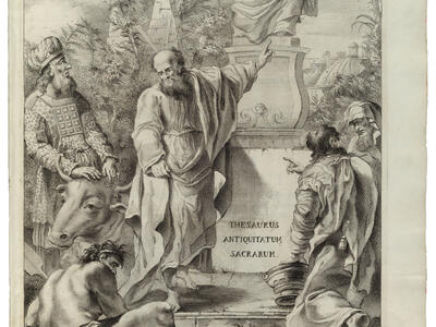 Printed page with male figures in various poses with one pointing to a sculpture in the background of seated figure on pedestal with Latin text on it. 