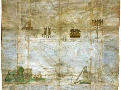 Manuscript page with Hebrew writing arranged in the form of a tree, with drawings of candelabrum, cherubs, and table in center, and drawing of dragon and figures on bottom left of the page. 
