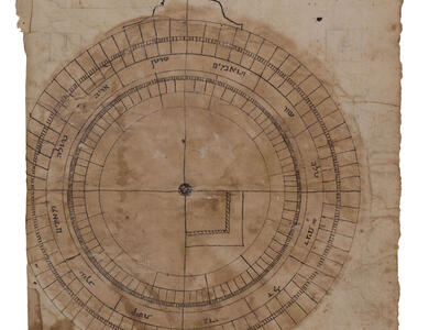 Drawing of circle with many lines forming squares and rectangles within it.