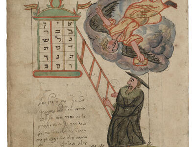 Manuscript page with illustration of man on a ladder and angel above him, with Hebrew text beneath. 