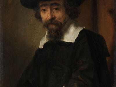 Portrait painting depicting bearded man in hat and collar facing viewer.