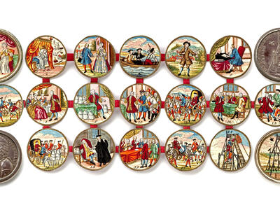 19 illustrations in circular frames connected by ribbon of different painted scenes of man's life from birth to gallows, and two coins, one with gallows and the other with the profile of a man. 