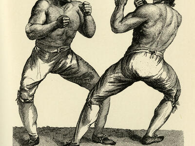 Etching of two men boxing.