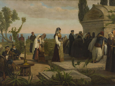 Prayers at the Tomb of Rabbi Isaac ben Sheshet at Algiers Painting of travelers surrounding tomb.
