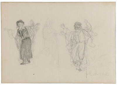 Pencil drawing of two men in hats and prayer shawls dancing.
