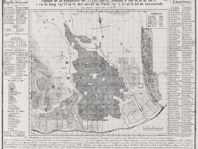 Topographic map, with place names in columns on left and right side and Spanish text below.