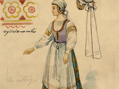 Drawing of Costume for Jitka in the First Production of the Opera Dalibor by Bedřich Smetana Drawing of floral image, young girl in costume, and bonnet.