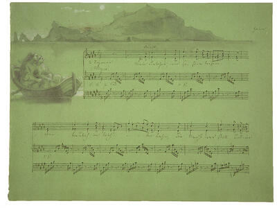 Duette: Mein Liebchen, wir sassen beisammen (Duet: My Sweetheart, We Sat Together) Sheet music featuring drawing of mountains and boat above staff.