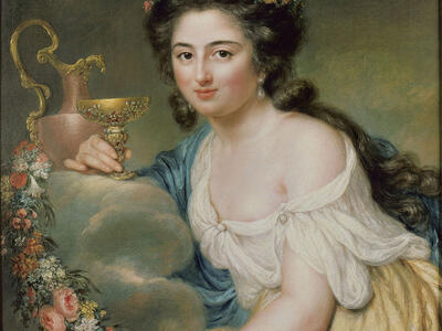 Portrait painting of seated woman facing viewer holding cup and floral garland, wearing flowing dress.