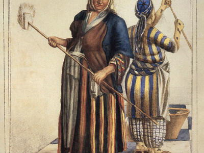 Lithograph of two women washing walls in room with checkered floor.