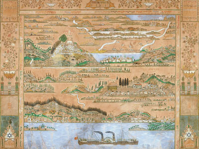 Drawing on paper of hills, water with boat, and buildings, with Hebrew text on top and border with vines and architectural elements.