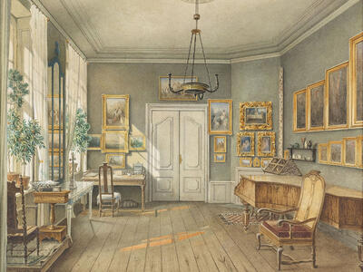 Painting of room featuring natural light, grand piano, and walls filled with pictures in gold frames.