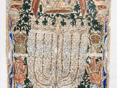 Papercut featuring Hebrew text, menorah in center, and crown at top. 
