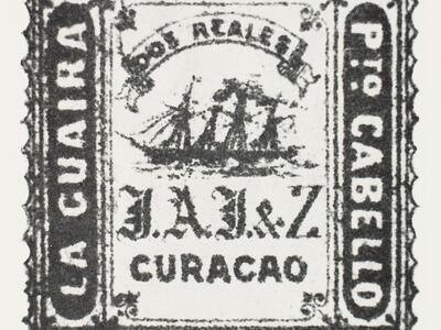 Postage stamp depicting ship and Portuguese lettering. 