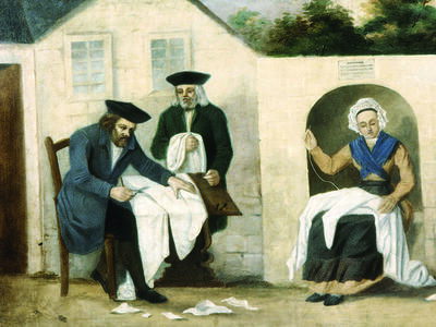 Painting of men cutting cloth and women sewing. 