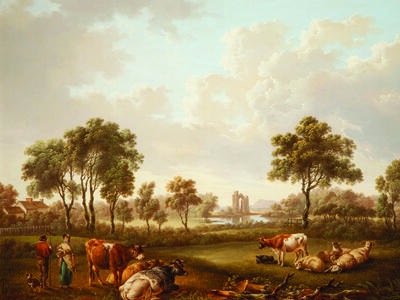 Rural landscape painting with house and lake in the background, and cows, a man, a woman, and a dog in the foreground.