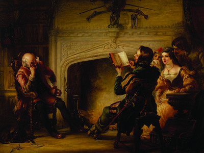 Painting of domestic interior showing figures of men and women listening to a man reading. 