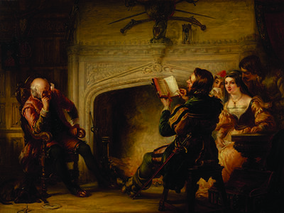 Painting of domestic interior showing figures of men and women listening to a man reading. 