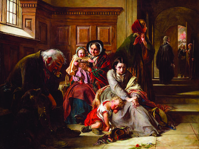 Painting of distraught men, women, and children waiting in a darkened area outside of courtroom.