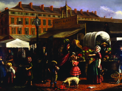 Painting of animals, men, women, and children at a street market with vendors. 