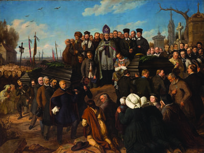 Painting of men carrying coffins of victims as men and women bow, with bishop and clergy looking on from hill.