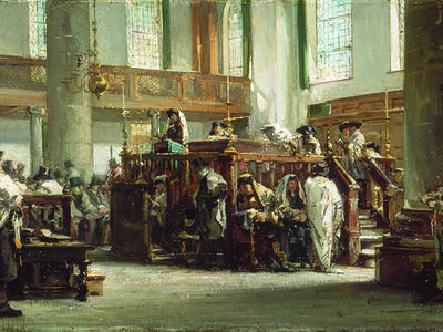 Painting of men on benches in building with tall columns, balconies, and central podium.