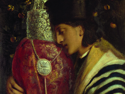 Painting of man with eyes closed holding Torah scroll. 