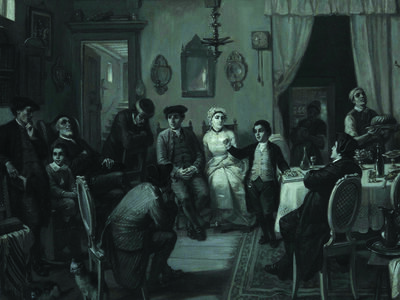 Painting of several men and a woman sitting next to boy speaking. 