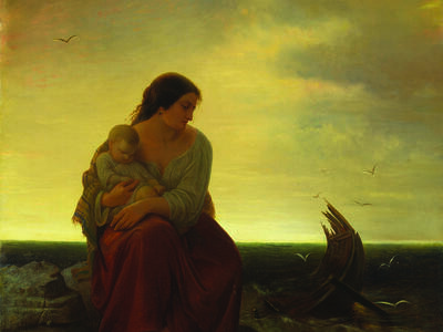 Painting featuring seated woman holding a child and looking at a damaged boat in the water near the shore.