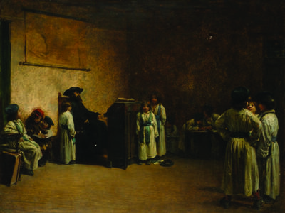 Painting of man seated at podium with children standing and seated on benches along wall. 