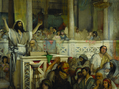 Painting of crowd in rows looking at figure standing at podium.