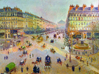 Painting depicting aerial view of sunny, busy city street with large fountain, and horses and wagons, and people walking throughout.  