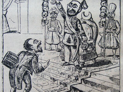 Drawing of man speaking to another man in robes on a dais, holding a dripping sword, with two men holding impaled human heads behind him.