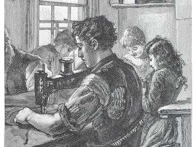 Illustration of four figures sitting at a table, sewing.