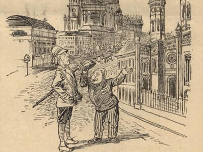 Engraving of two people speaking in the street.