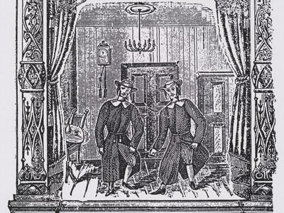 Printed page with Yiddish heading and drawing of two figures on a stage.
