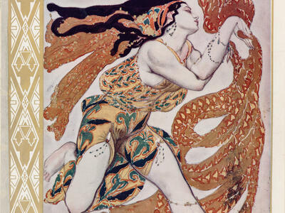 Page with French title and drawing of woman dancing with ribbon.