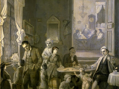 Painting of people of various ages in room, several of whom light a candelabrum by the window.