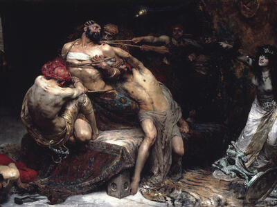 Painting of semi-nude man tied with rope held by other men with semi-nude woman in foreground and other people in background pointing at him.