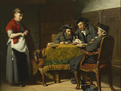 Painting of young woman standing next to three men seated at a table with open books.