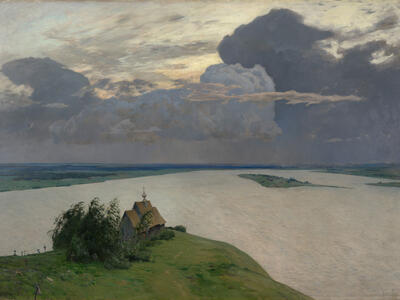 Landscape painting of house overlooking water.