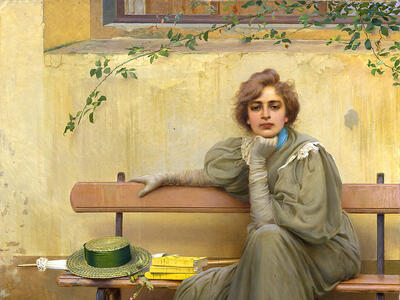 Portrait painting of woman with her face resting on her fist, seated on a bench next to her books, hat, and umbrella.