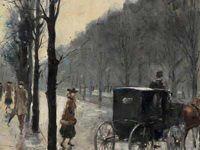 Painting of city street, with woman crossing street and wagon and horse in center.