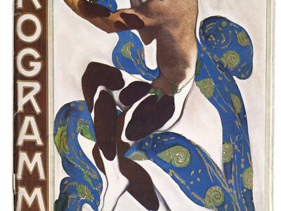 Book cover with illustration of figure in graceful position and deer-like legs next to long ribbon.