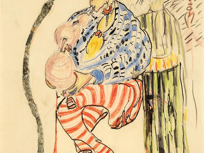 Abstract illustration of figure charming a snake while three figures observe in the background.