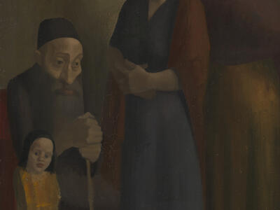 Painting of child standing and woman in headcovering standing on either side of a man in head covering sitting with cane.