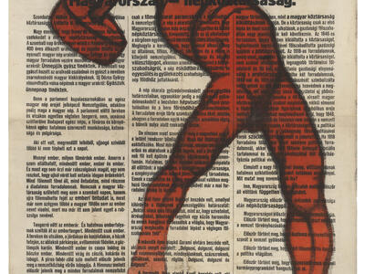 Page from Hungarian newspaper with text overlaid by image of strong man wielding a hammer.
