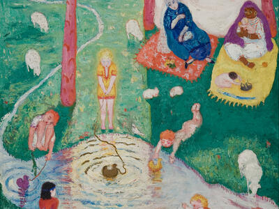 Painting of several people and animals dotted around landscape of ponds, trees, and hills.