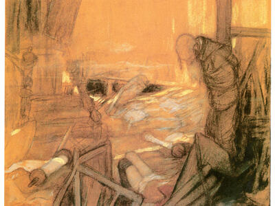 Sketch of man gazing down at a woman on the ground amid ruins of a building.