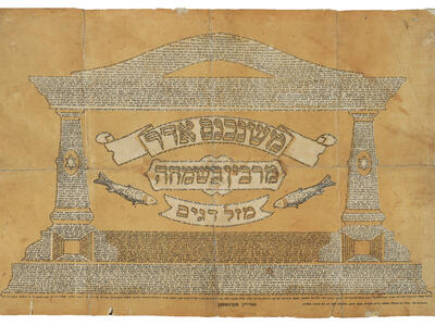 Print with small Hebrew text arranged in the shape of a columned building, with a ribbon of text and two fish in the center.